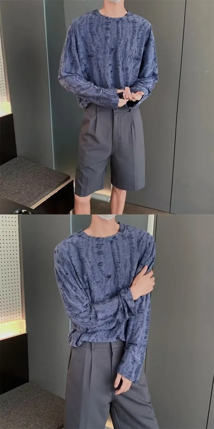 Men&rsquo;s Distressed Long Sleeve T-Shirt Harajuku Aesthetic Ripped Pullover Top