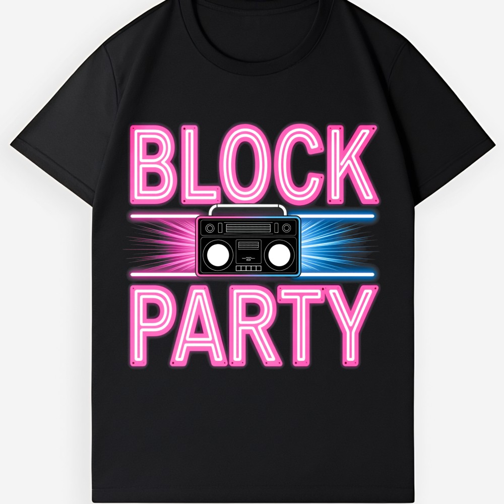 Block Party Neon Boombox Graphic T-Shirt, Retro 80s 90s Hip Hop Party Cotton Tee