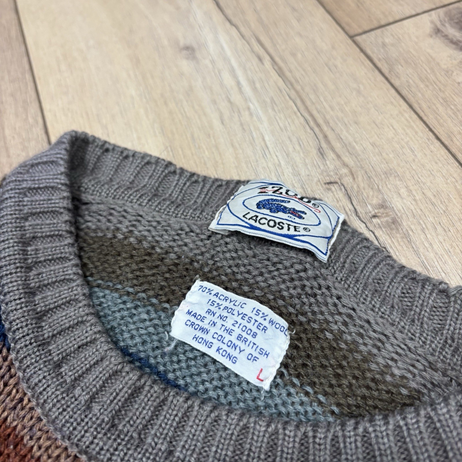 Vintage Izod Lacoste Sweater Mens L Striped Knit Gray & Blue Acrylic Wool VTG