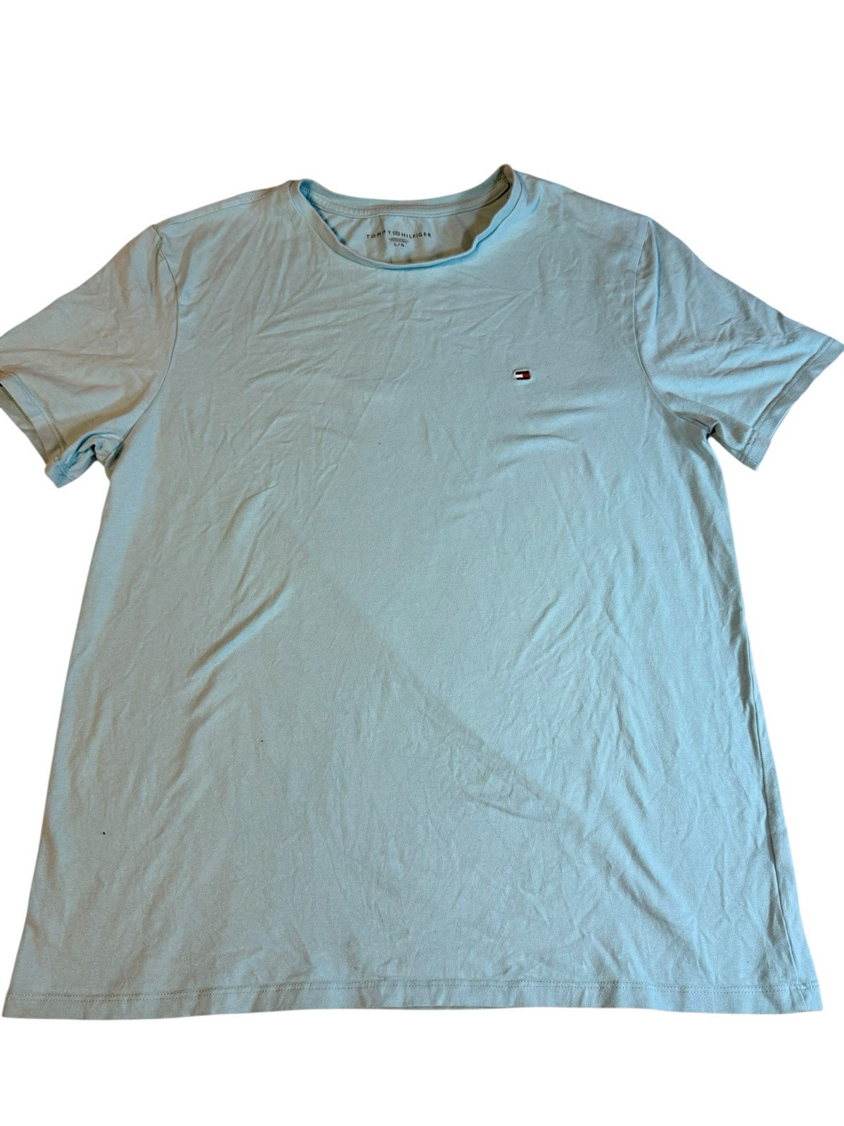 Tommy Hilfiger Mens T-Shirt Size L Light Blue Logo Print Cotton Designer T25
