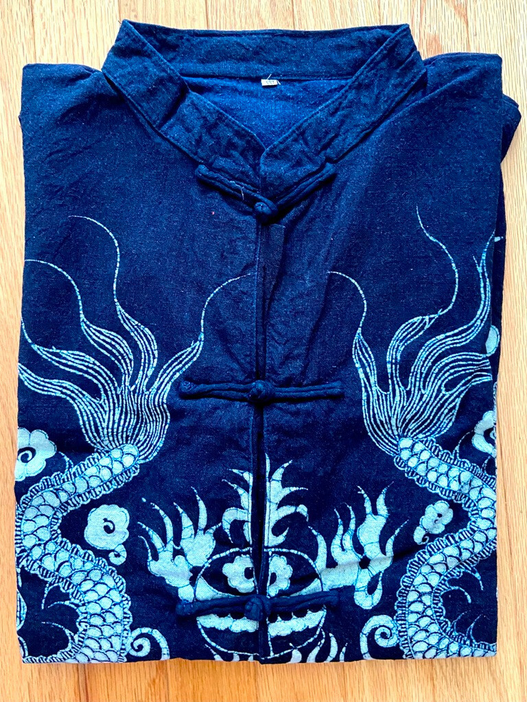Rare Artistic Chinese Wax Printing Men&rsquo;s Top Double Dragon Cotton Stand Collar 