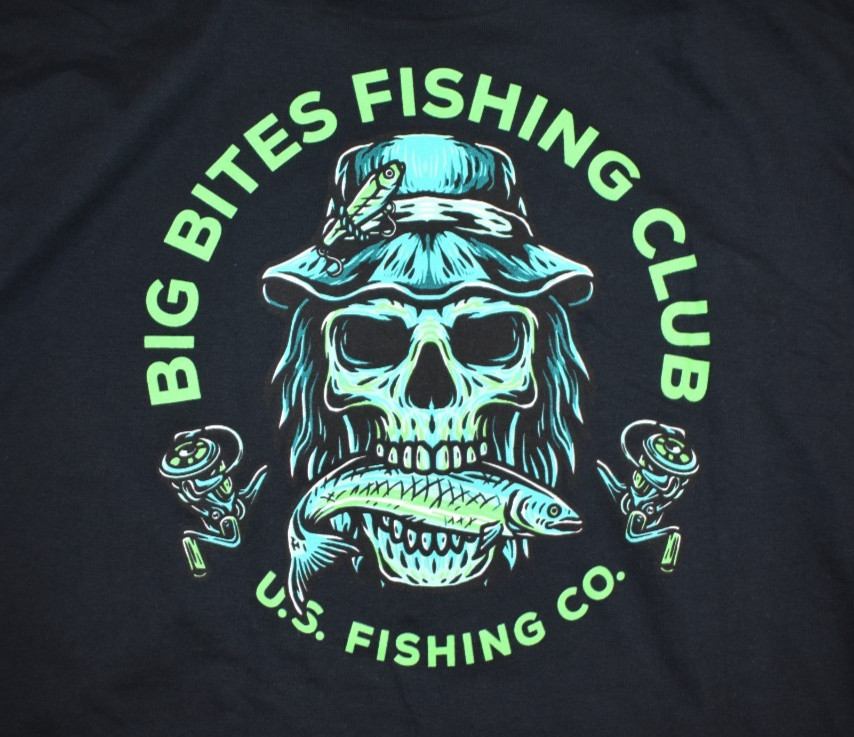 U.S. Fishing Co. Mens Big Bites Fishing Club Funny Black Shirt New S-3XL
