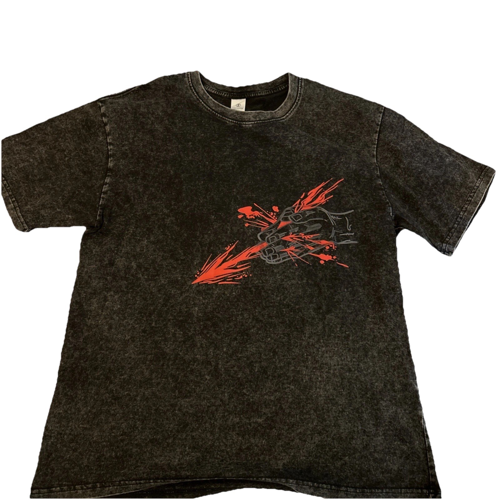 Unbranded Black Acid Wash LookGraphic T-Shirt Red Anime Print 100% Cotton Size 2