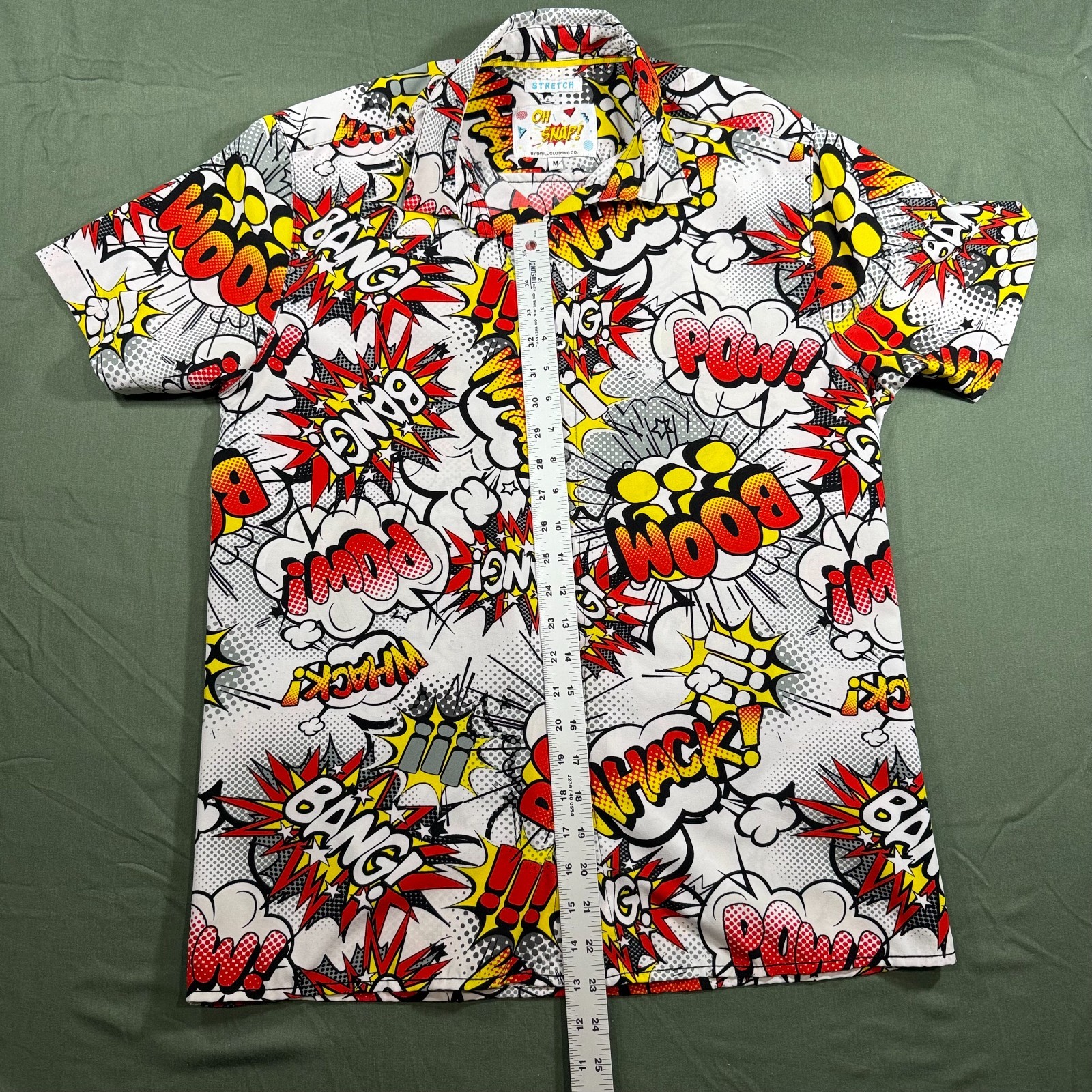 Oh Snap Drill Clothing Comic Pop Art Shirt Mens M Stretch Button Up Bang Pow