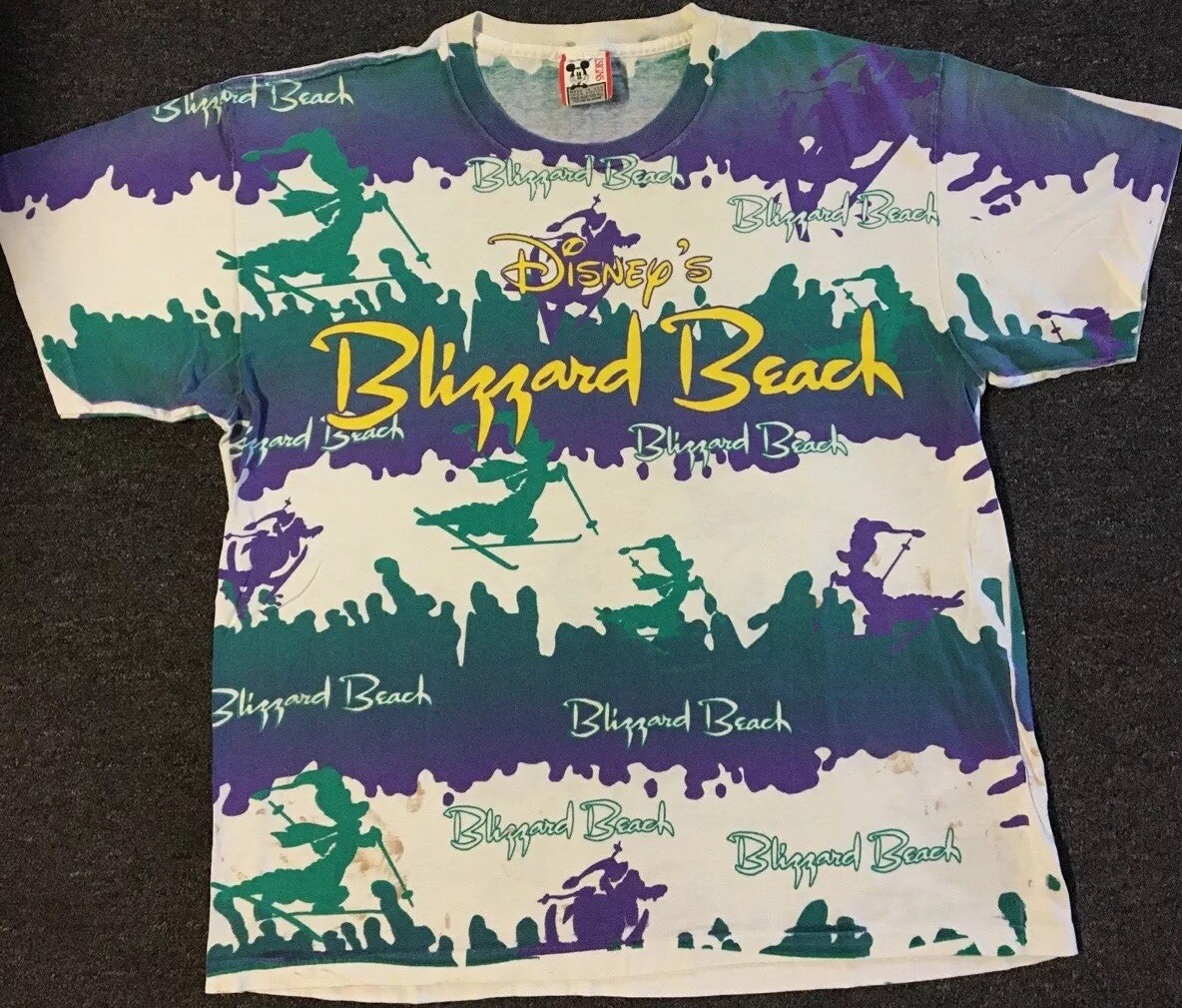 Vtg 90s Disney Blizzard Beach Faded Distress AOP Shirt L Surf Vaporwave Grunge