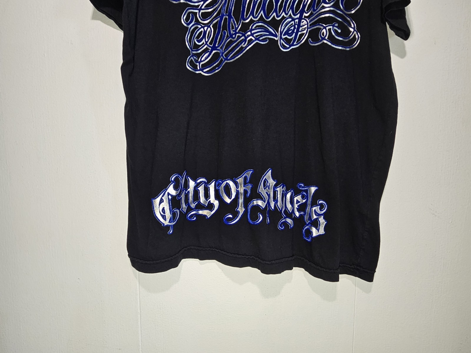 Y2K Christian Audigier Flocked Foiled City Of Angels Script T-shirt Sz XL FLAWS