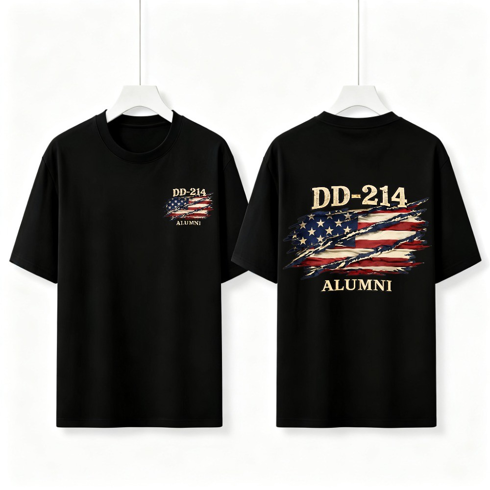 Two Sided DD-214 Alumni Vintage Graphic Tee American Flag Veteran Cotton T-Shirt
