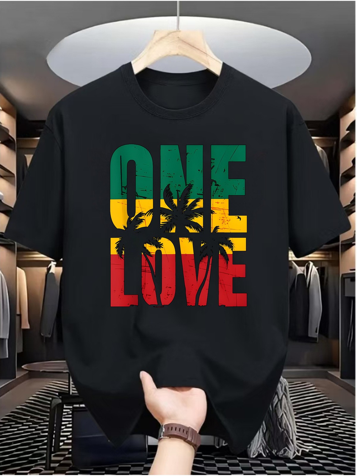 ONE LOVE Men&rsquo;s Tropical Graphic T-Shirt – Navy Blue Tee with Red & Green ONE LO