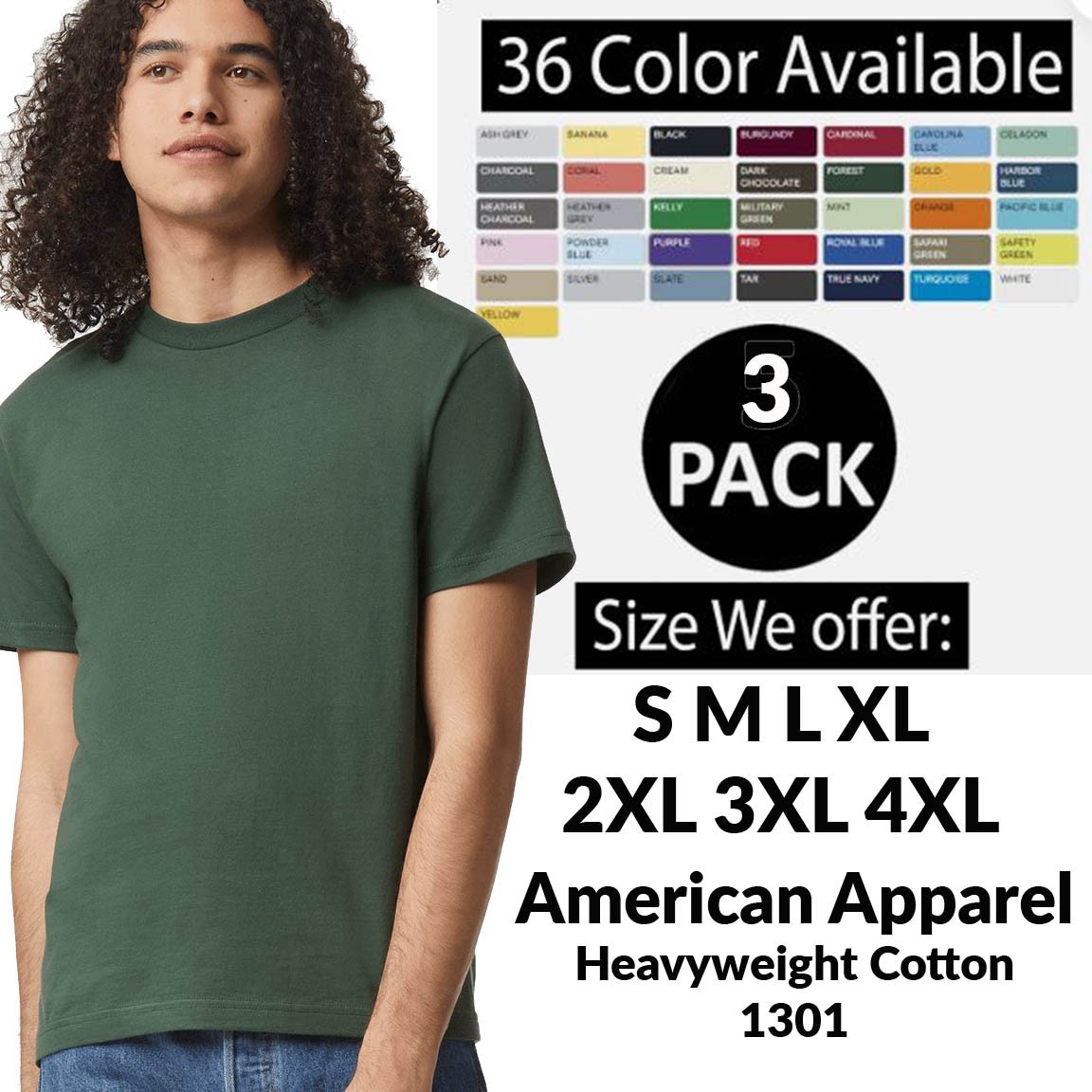 3 PACK OF American Apparel Adult Cotton Plain Short Sleeves T-Shirt – AL1301