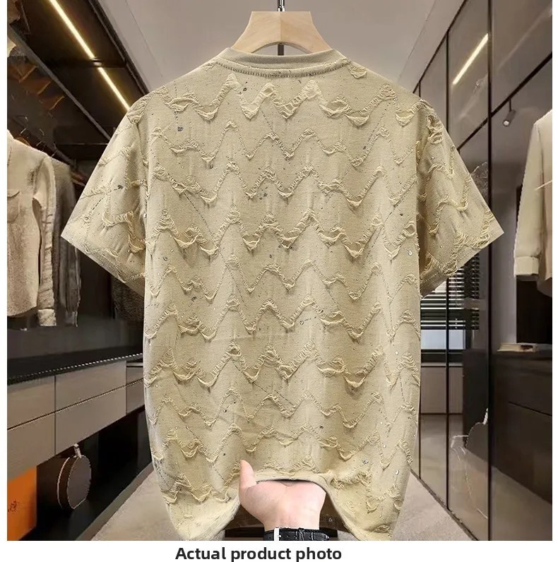 Men Luxury Fashion Trendy Diamond Ripped Hole Casual Summer Streetwear T-Shirt