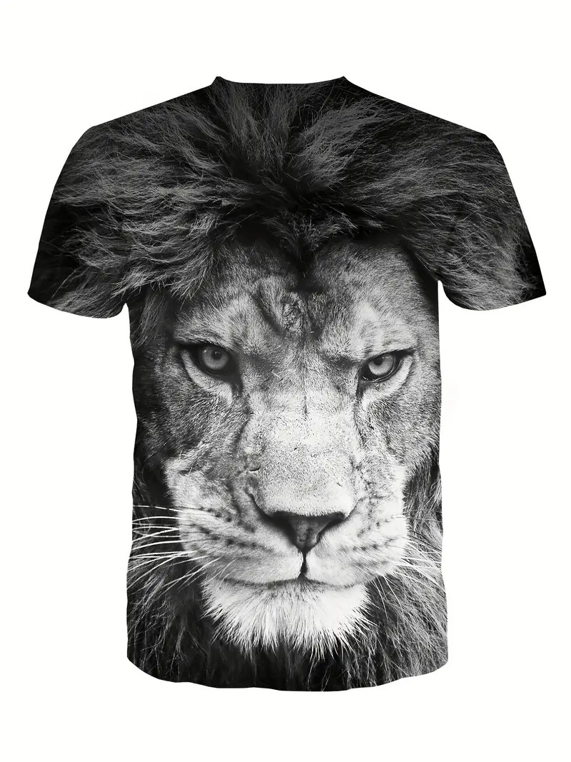 T Shirt Men Black White Lion Face Graphic Print Fashion Wicking Tee Short Sleeve
