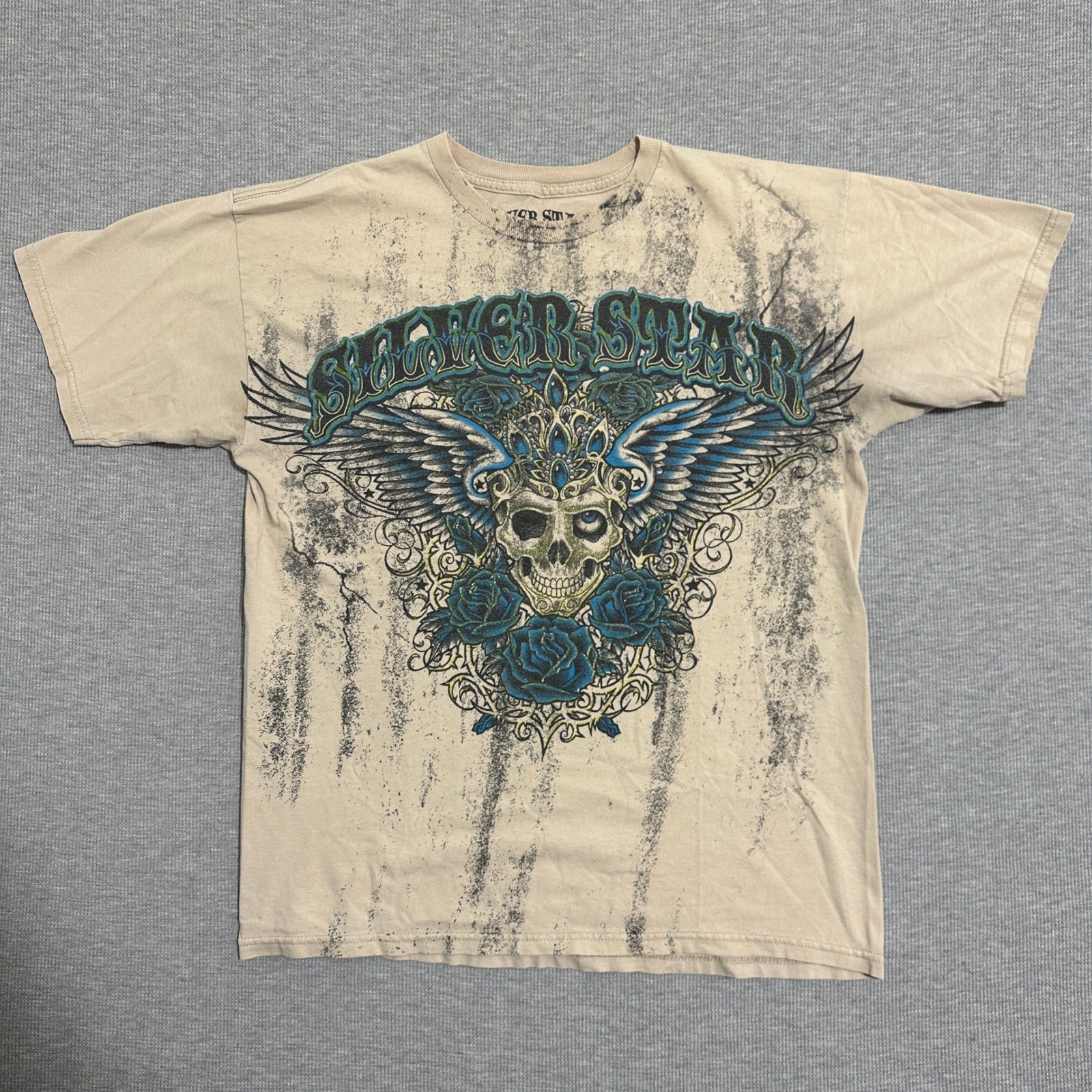 Silver Star Casting Co Graphic T-Shirt Skull Wings Roses Tan Mens Size Medium