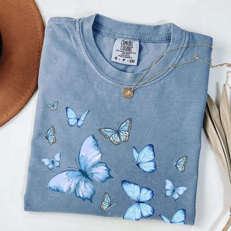 Comfort T Shirt Blue Butterflies Design