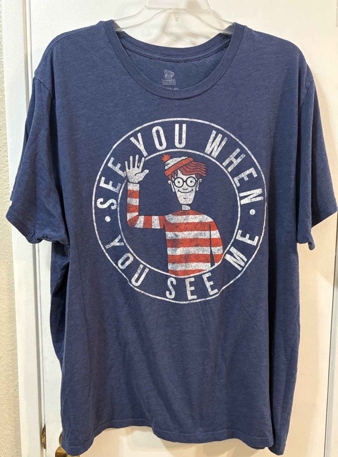 WHERE&rsquo;S WALDO? Novelty T-Shirt Short Sleeves Blue Crew Neck Men&rsquo;s 4XL