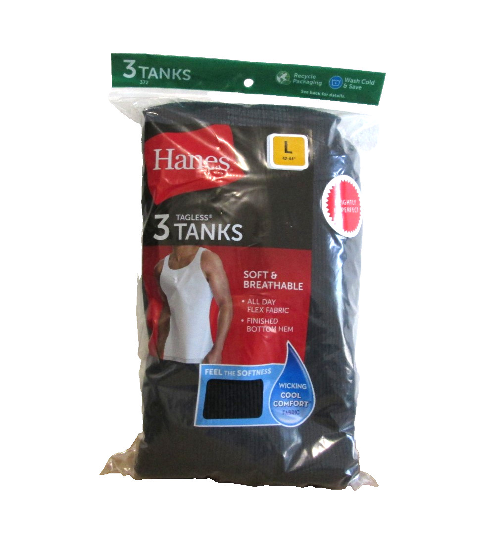 New Men&rsquo;s Hanes 3 Soft & Breathable Tagless Black tank Tops A-Shirts Large