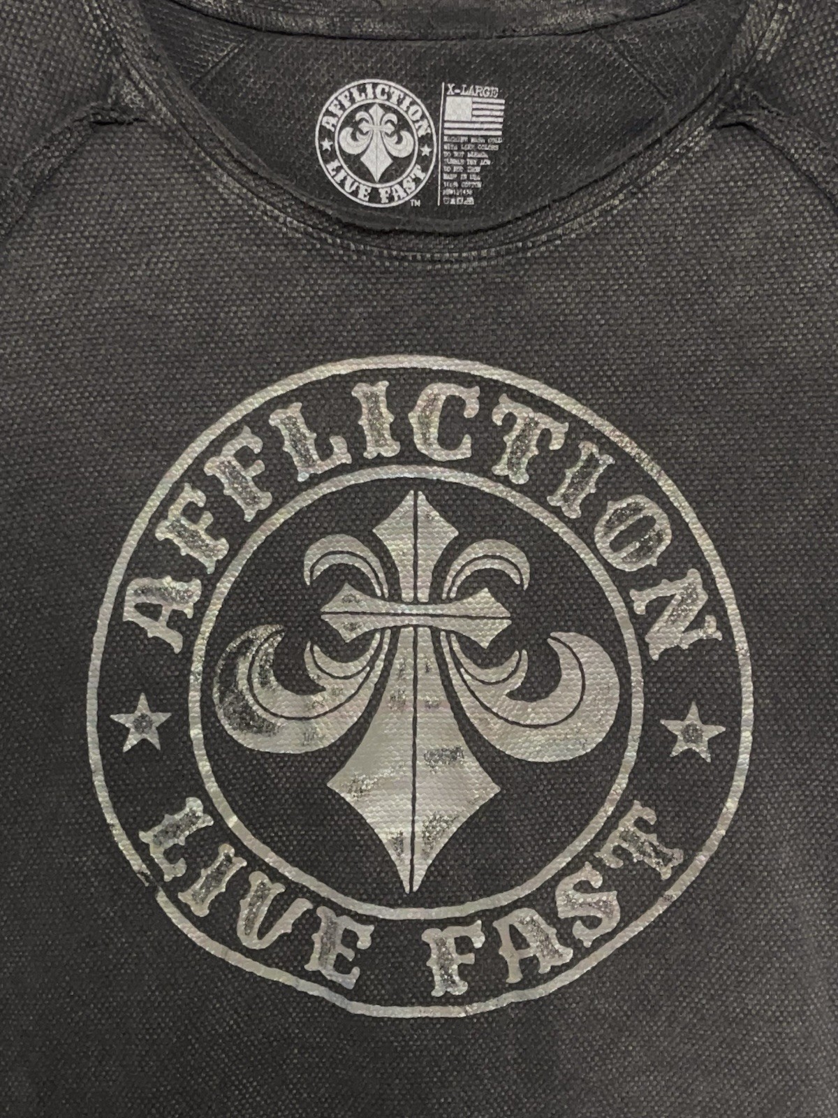 Affliction Shirt Men&rsquo;s XL Black Gray Thermal Live Fast Waffle Knit Ribbed Tee