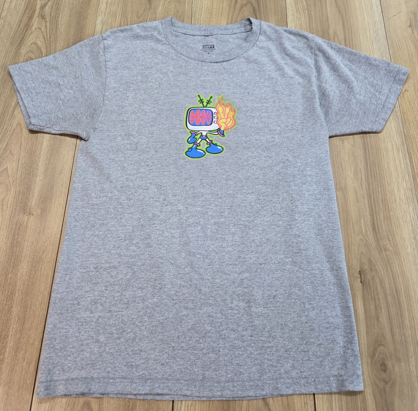 OBEY Flame Fingers Print T-Shirt Mens Sz Small, Gray, Short Sleeve, Heavy-duty