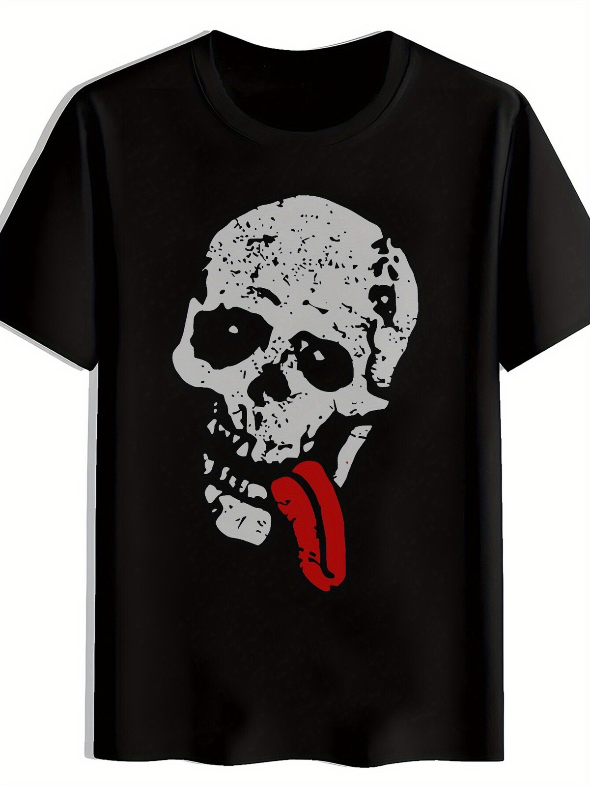 Skull with Red Tongue Print T-Shirt, Summer, Versatile, Athletic, Trendy T-Shirt