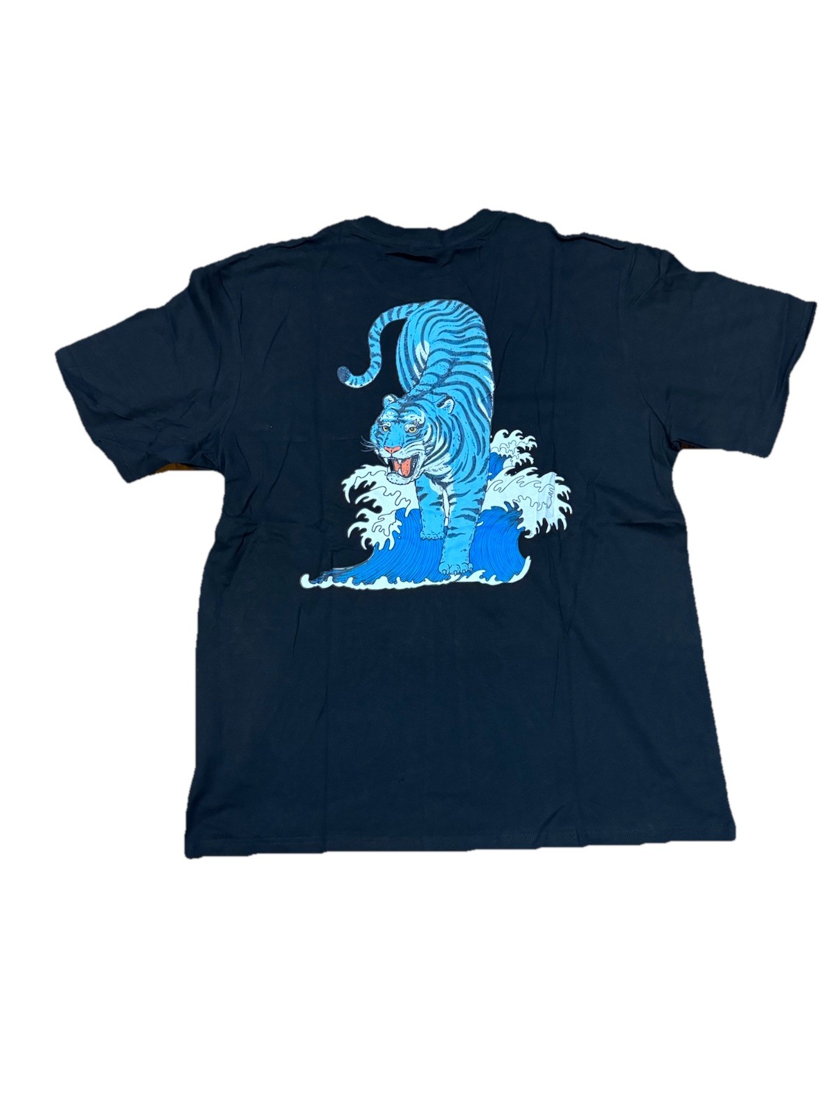 Niepce Men&rsquo;s Blue Tiger Ocean Graphic Tee Japanese Streetwear T-Shirt Black Blue