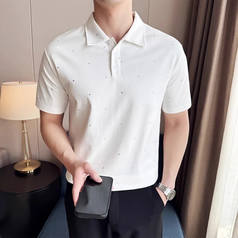 New Men Luxury Beaded Stars Fashion Polo T-Shirt Black White High Quality
