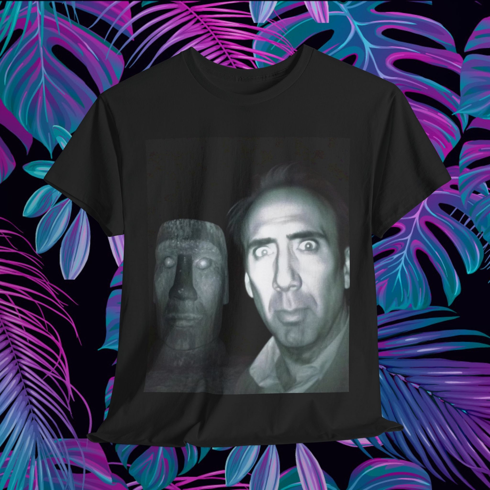 Nick Cage and Moai Head, funny novelty shirt, movie Nicholas Cage