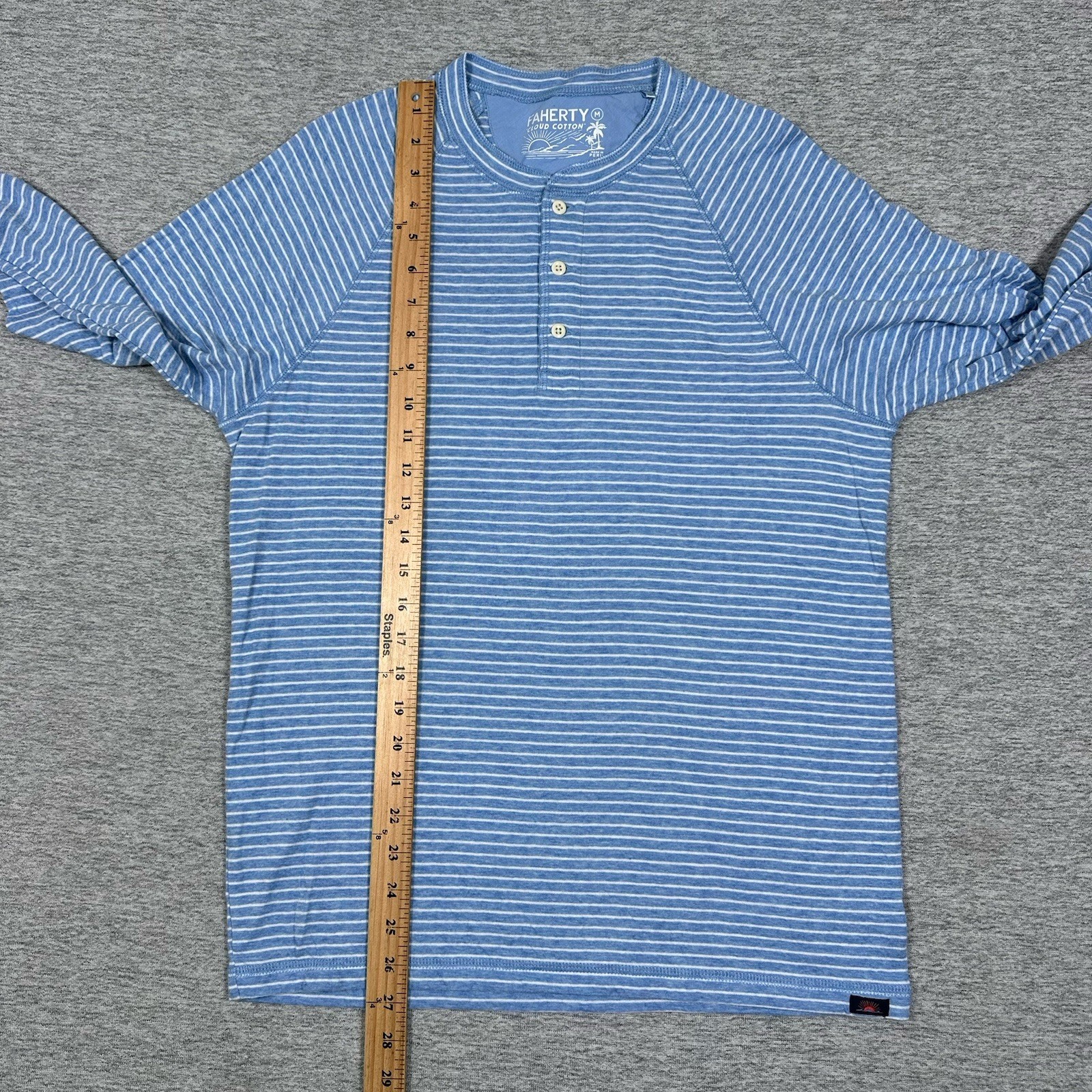 Faherty Shirt Mens Medium Blue Striped Cloud Cotton Henley Long Sleeve Preppy