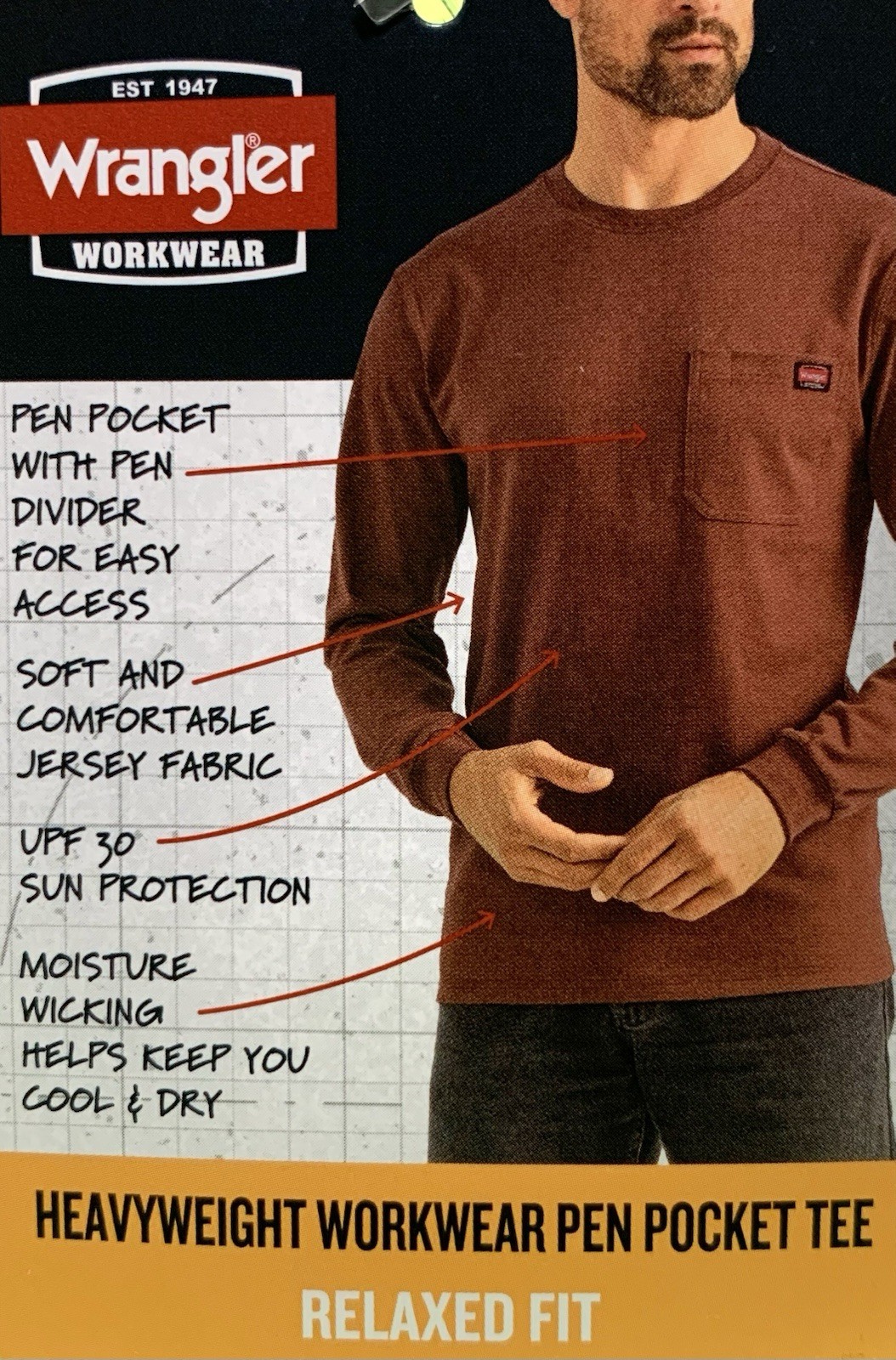 NEW Wrangler Workwear Men&rsquo;s Hi-Vis Yellow Long Sleeve Pocket T-Shirt Size M