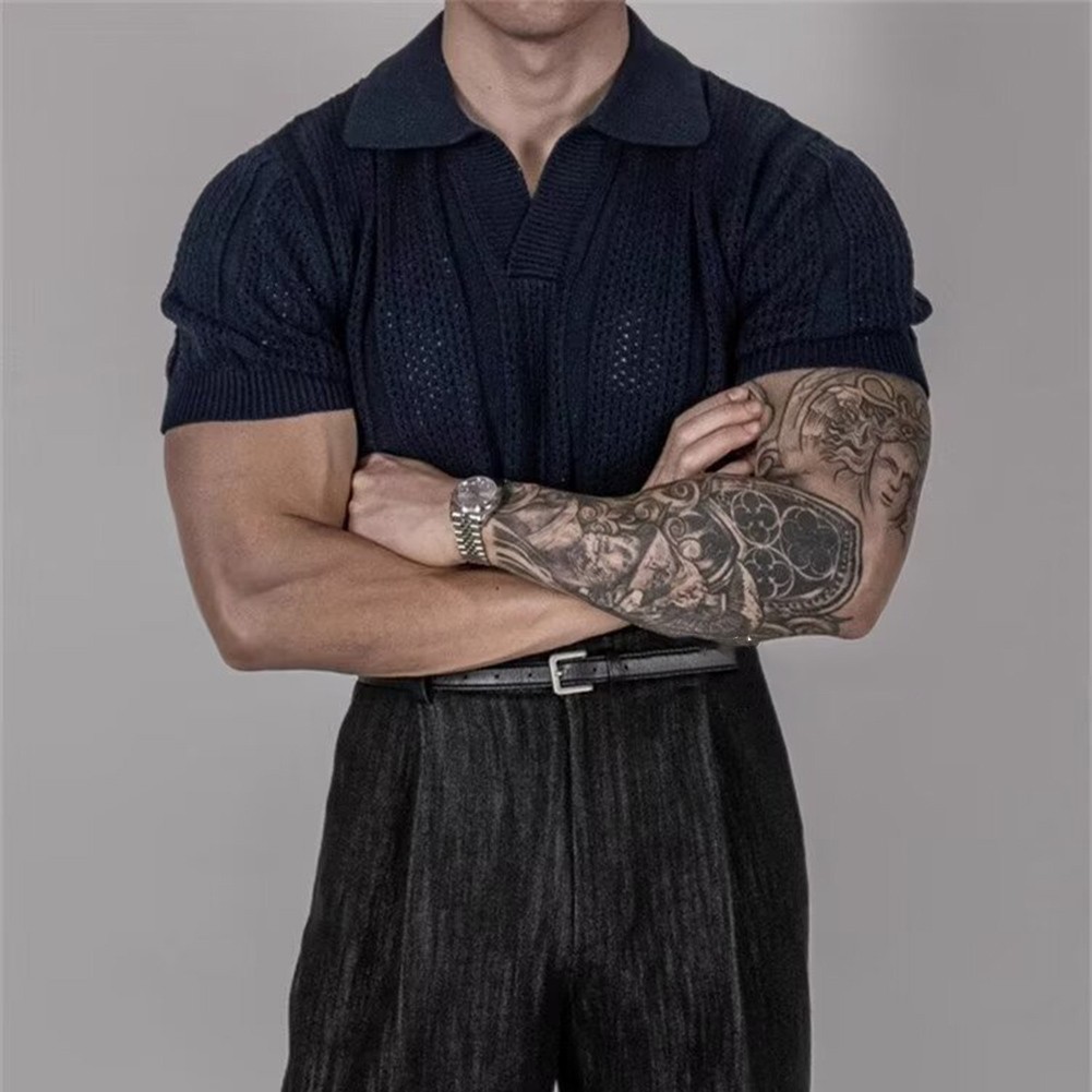 Men Hollow Lapel T Shirt Knitted Texture Fabric Korean Style for Daily Outings