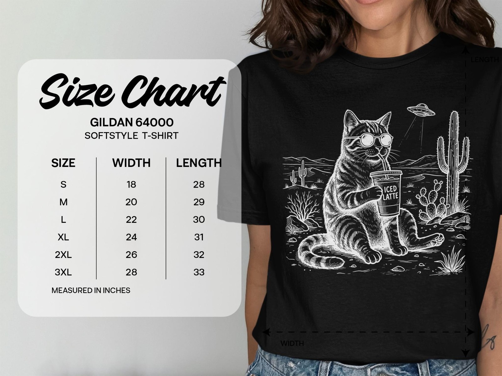Cool Cat Iced Latte T-Shirt, Funny Tabby in Sunglasses, Desert Cactus Scene,