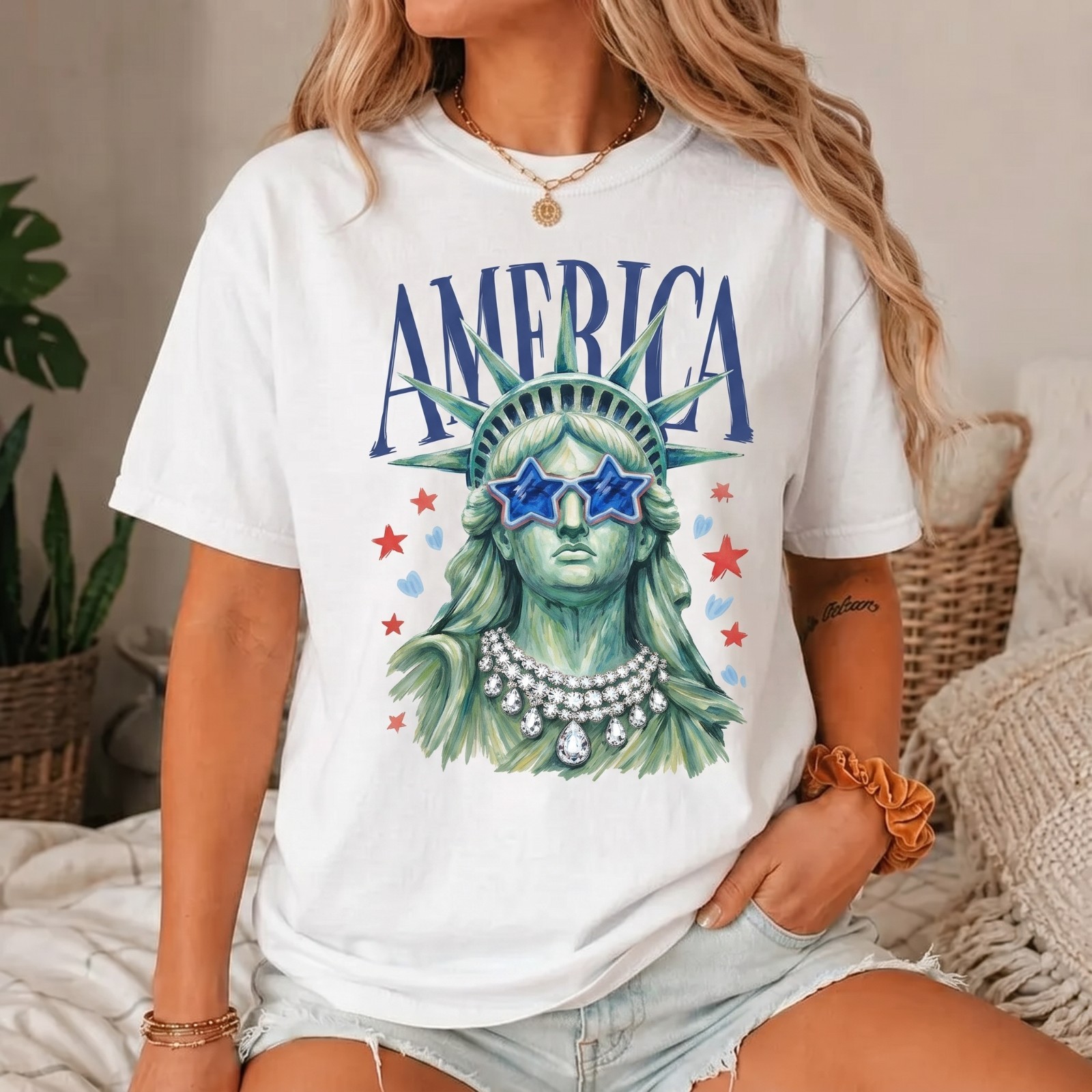 Statue of Liberty Printed Retro Style T-Shirt America Flag Graphic Tee