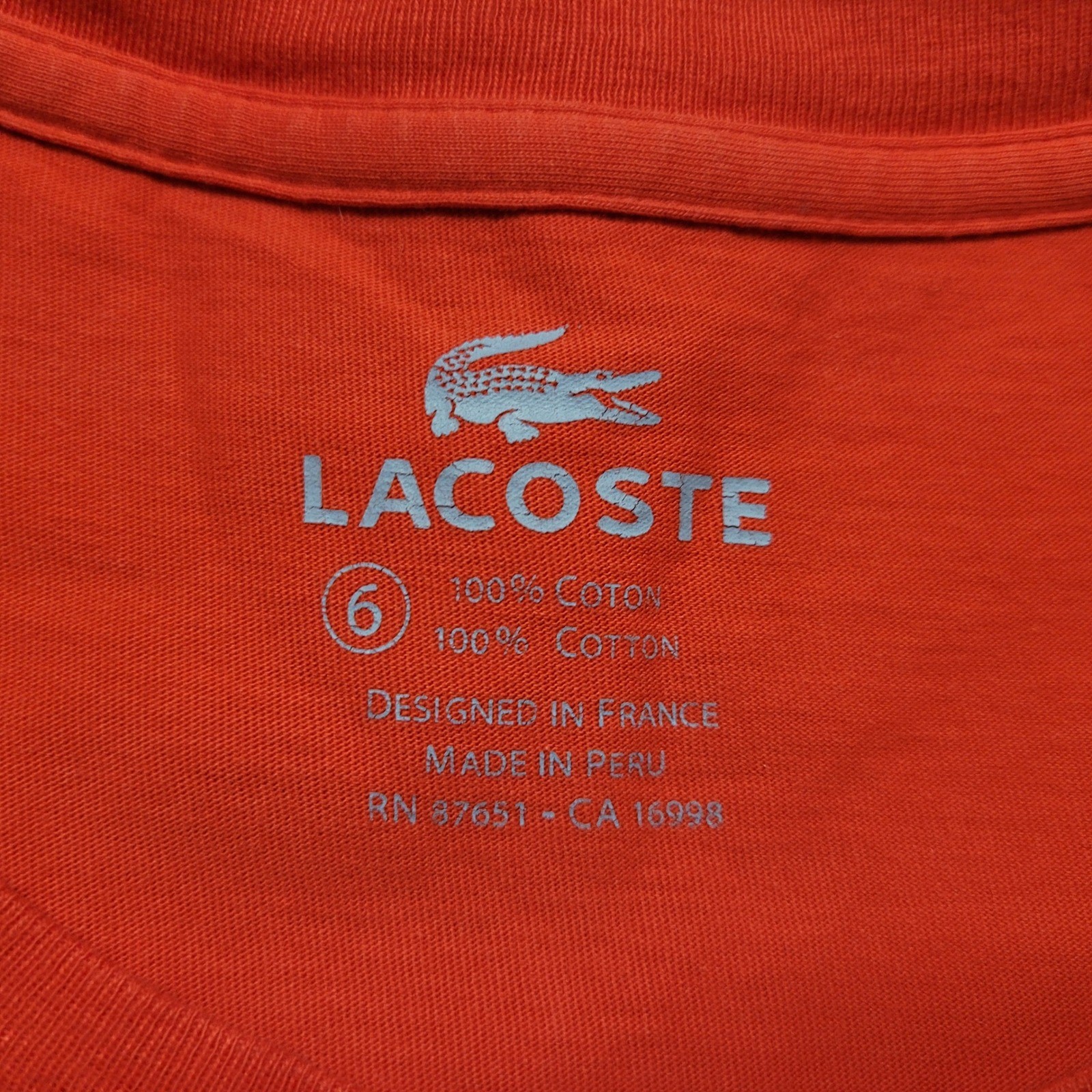 Lacoste Shirt Mens Size 6 XL Red Short Sleeve Cotton Logo Tee Preppy Casual