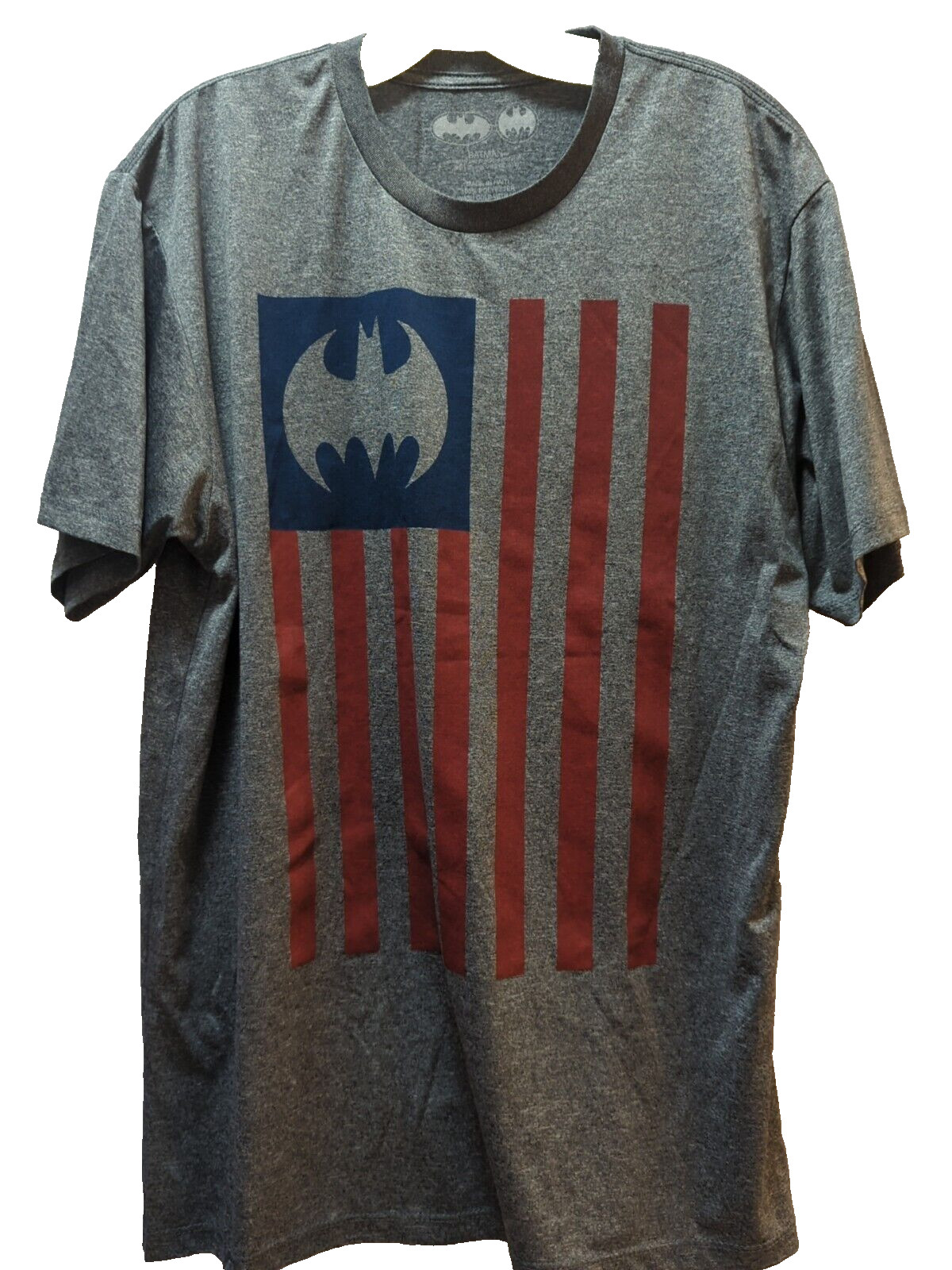 Batman men&rsquo;s large L heathered gray blue red flag t-shirt polyester