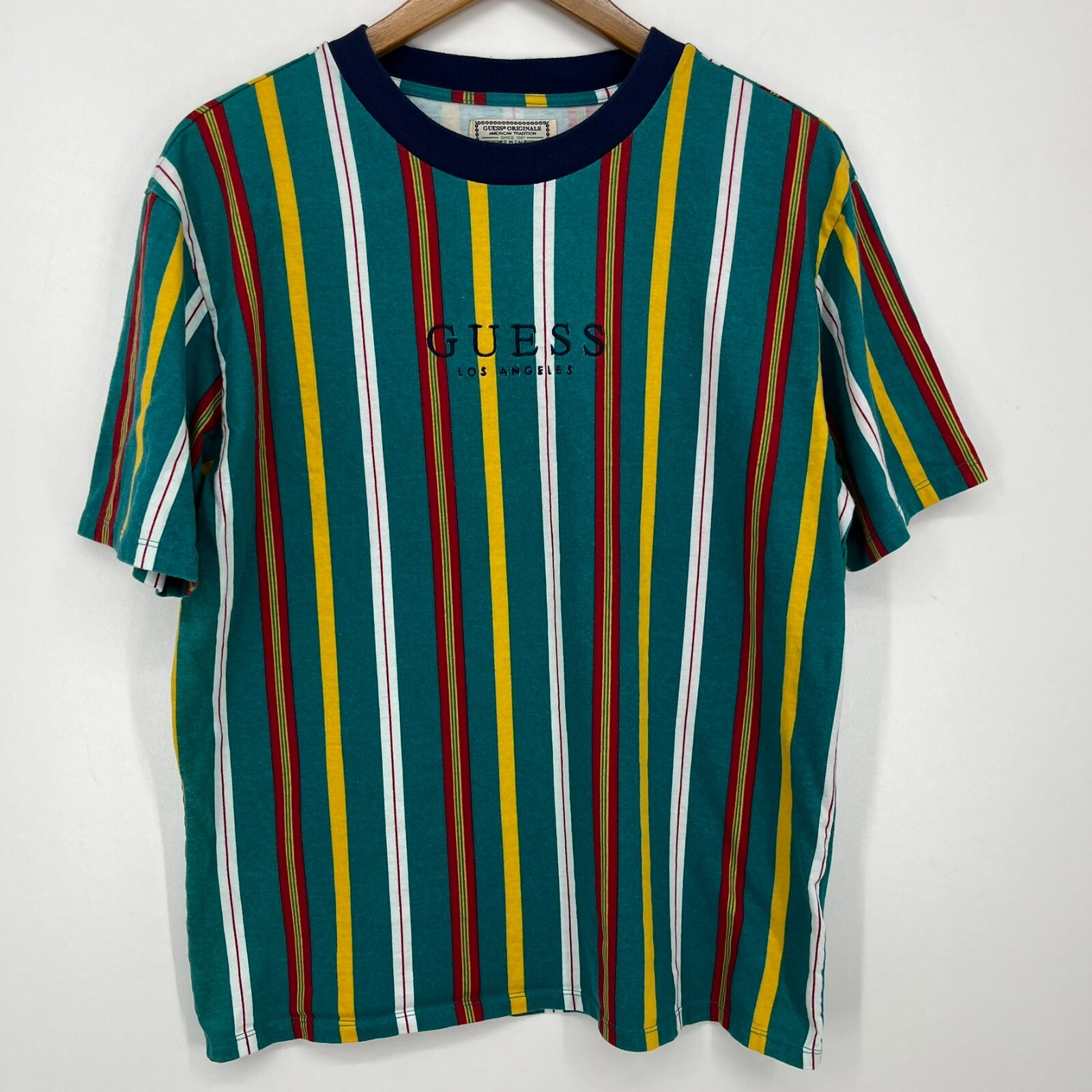 Guess T-Shirt Men&rsquo;s Size S Green Embroidered Logo Striped Crew Neck