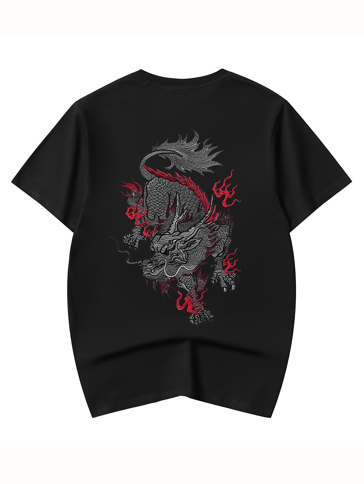 Niepce Men&rsquo;s Dragon with Red Flames Embroidery Tee Japanese Streetwear T-Shirt