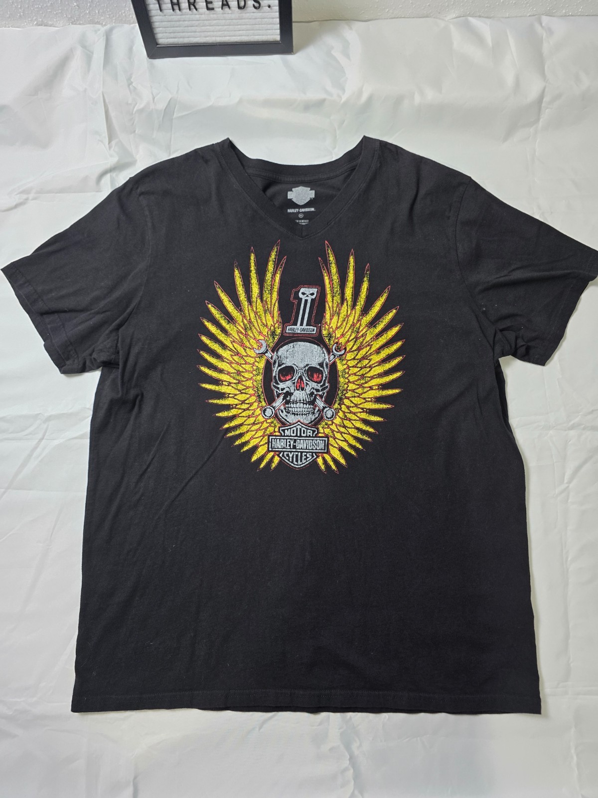 Size XXL – Harley Davidson V Cut Motorcycles Yellow Wings Skull Wrench