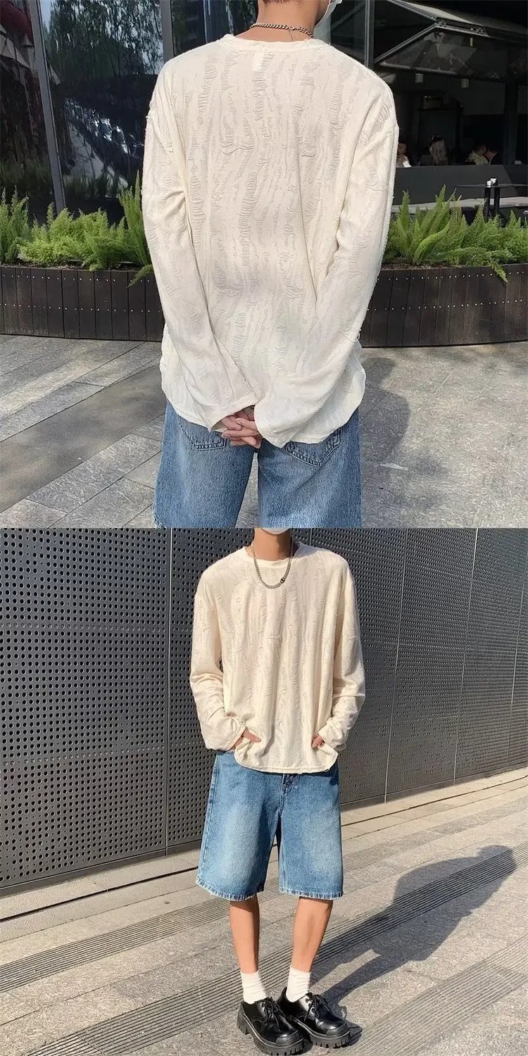 Men&rsquo;s Distressed Long Sleeve T-Shirt Harajuku Aesthetic Ripped Pullover Top