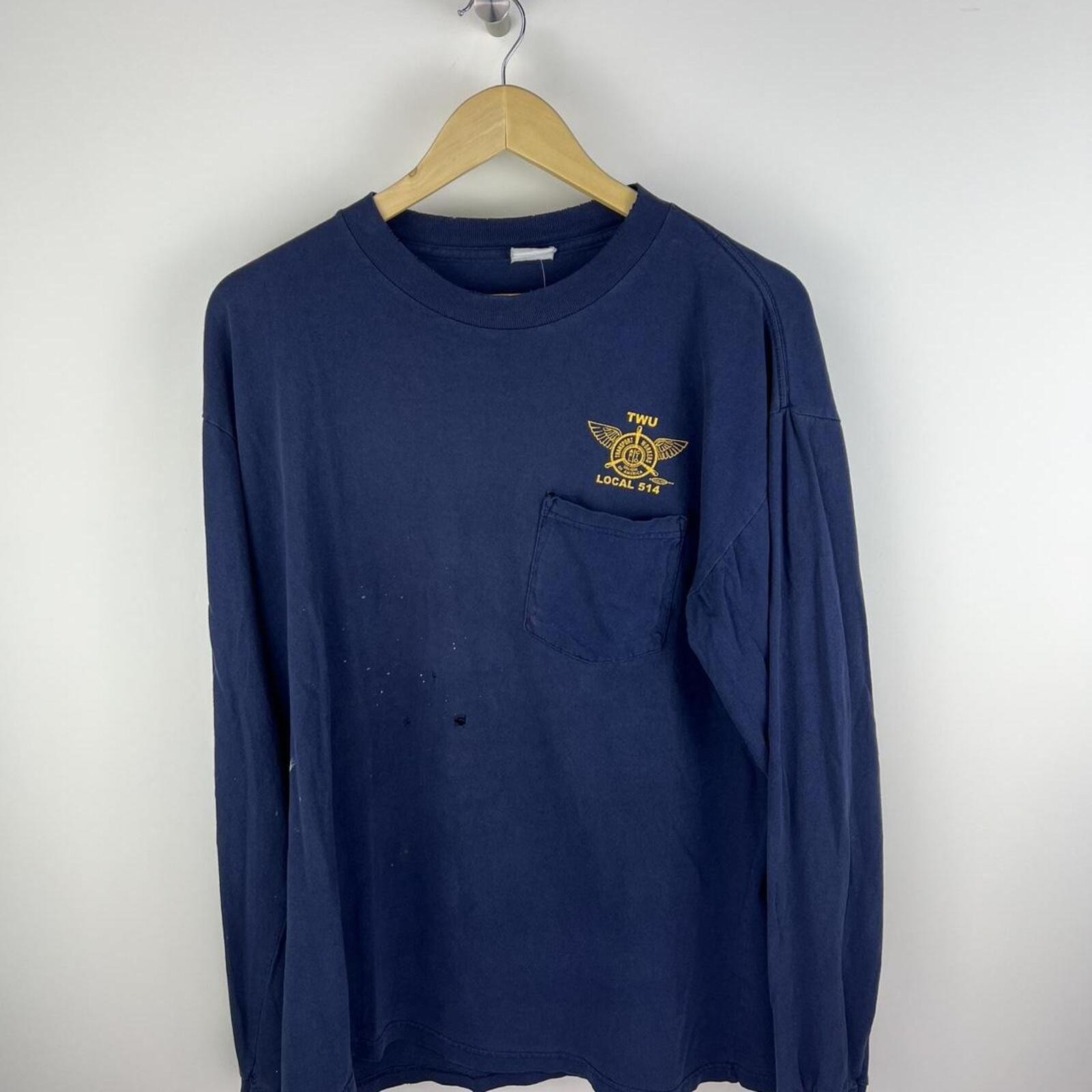Faded/distressed vintage Navy blue long sleeve shirt with yellow logo size large