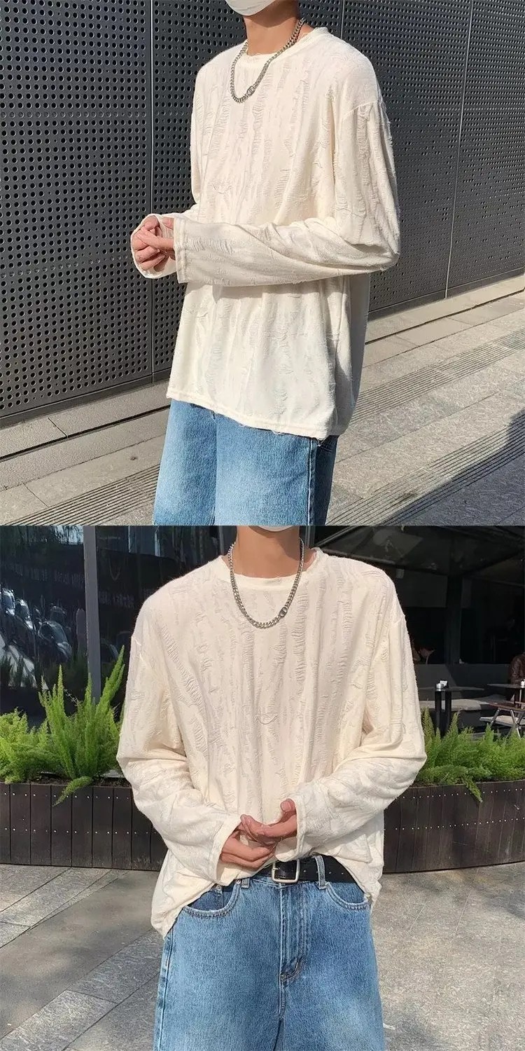 Men&rsquo;s Distressed Long Sleeve T-Shirt Harajuku Aesthetic Ripped Pullover Top