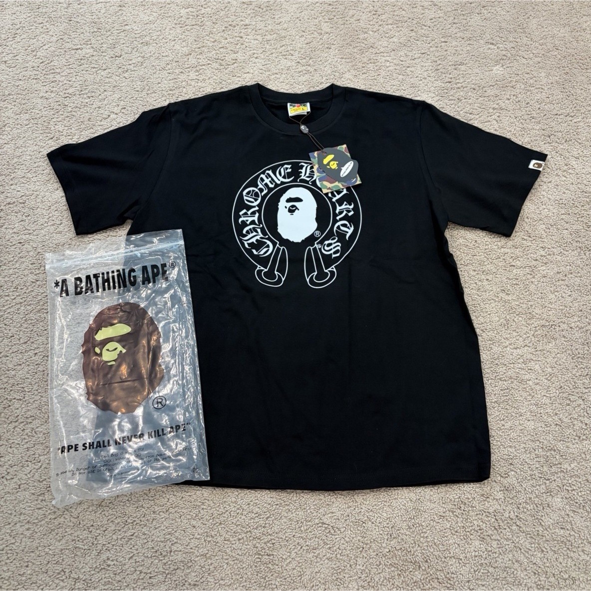 A Bathing Ape Baby Milo Men&rsquo;s Black Graphic Crew Neck T-Shirt Size L Cotton