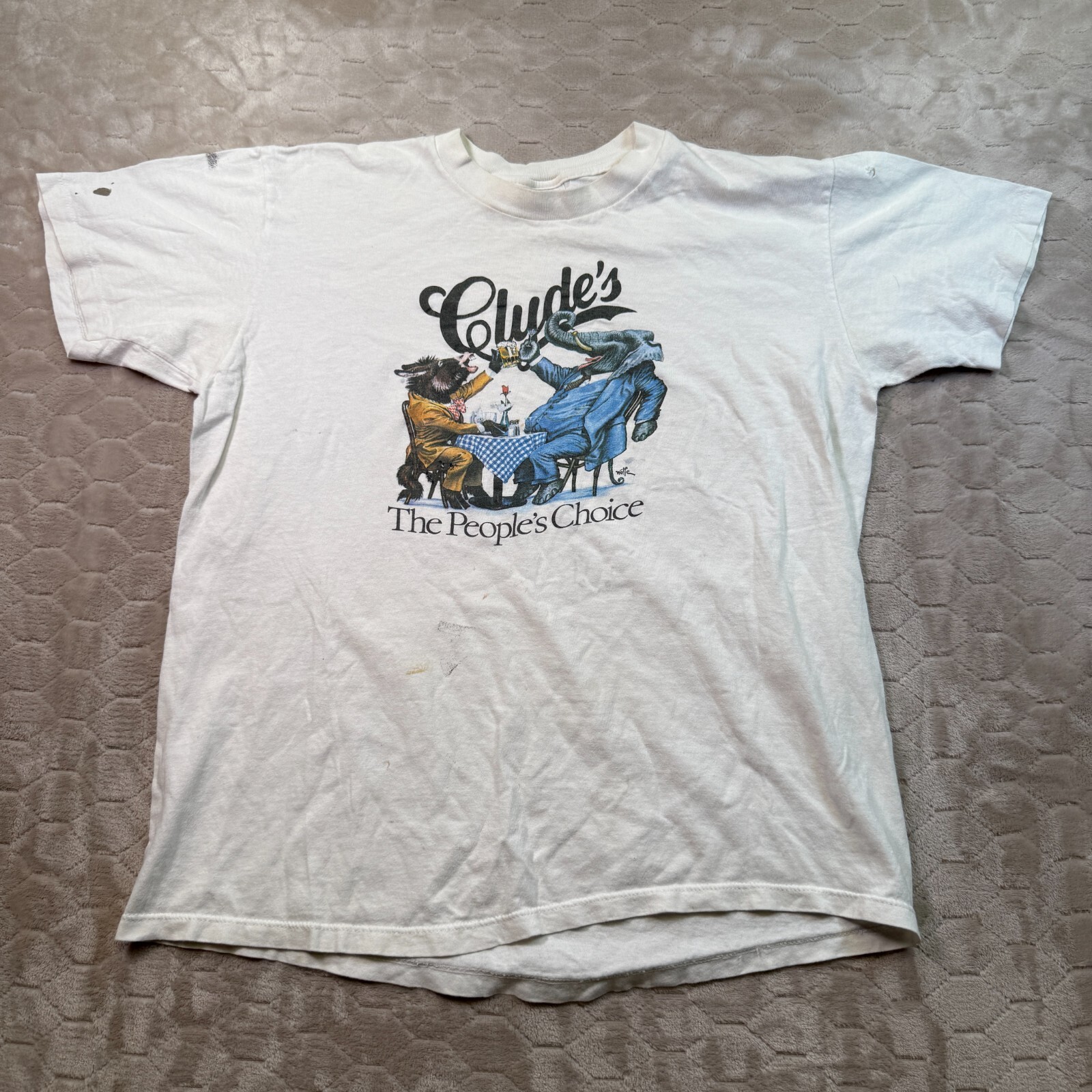VTG Clyde’s The People’s Choice Reagan-Carter Election Shirt Sz Lg STAINED Look