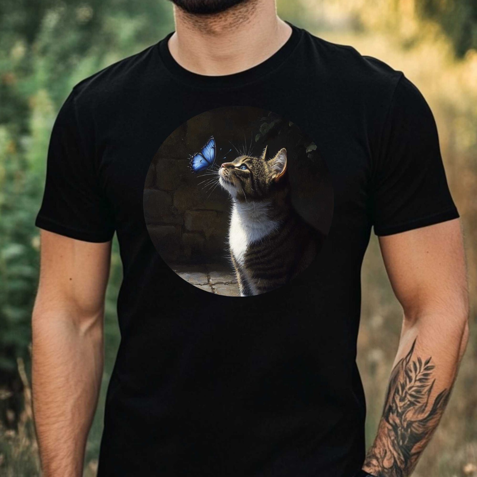 Mens Cat and Butterfly Print Cotton T-Shirt Size XS to 5XL