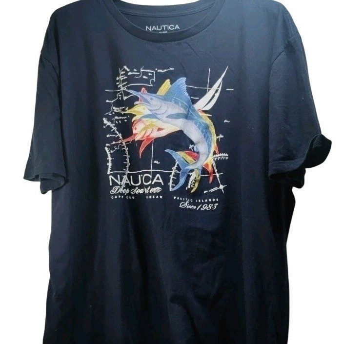 RARE Nautica Men&rsquo;s XXL NAVY Blue T-Shirt Deep Sea Charters CLASSIC 2xl Marlin