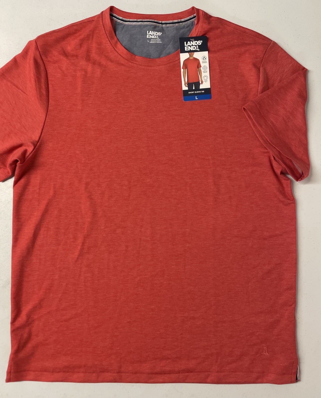 Lands End Men&rsquo;s Classic Fit Stretch Tee Shirt Crewneck LARGE Short Sleeve RED