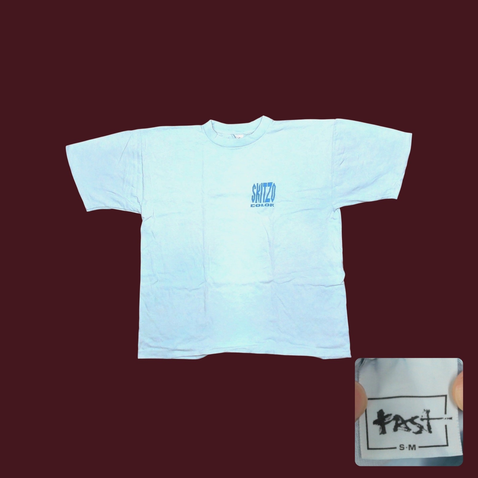 Vintage 90s Skitzo Color T Shirt Baby Blue Single Stitch Boxy Oversized Mens XXL