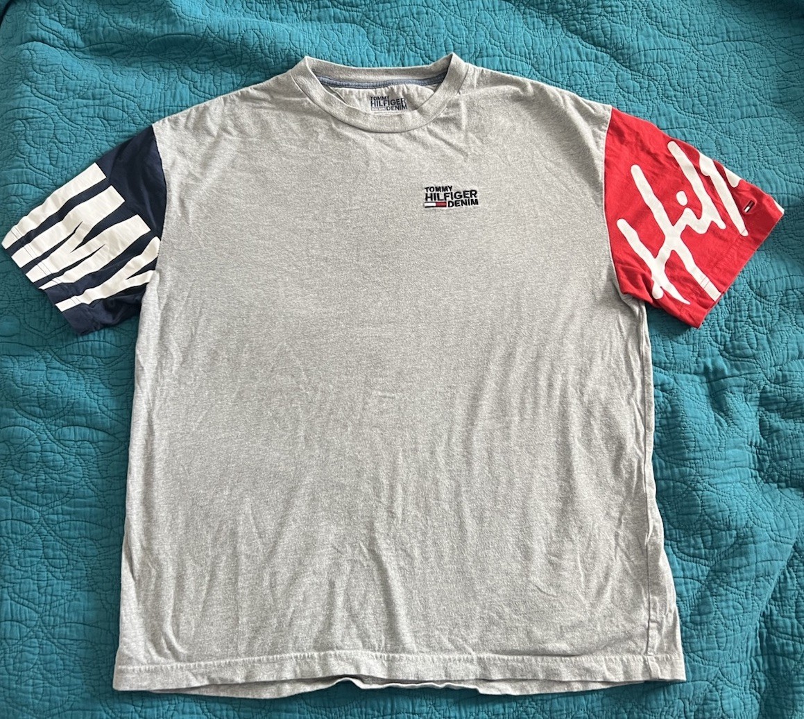 Tommy Hilfiger Gray and Red And Blue 1990&rsquo;s Oversized Men&rsquo;s Shirt Size Medium