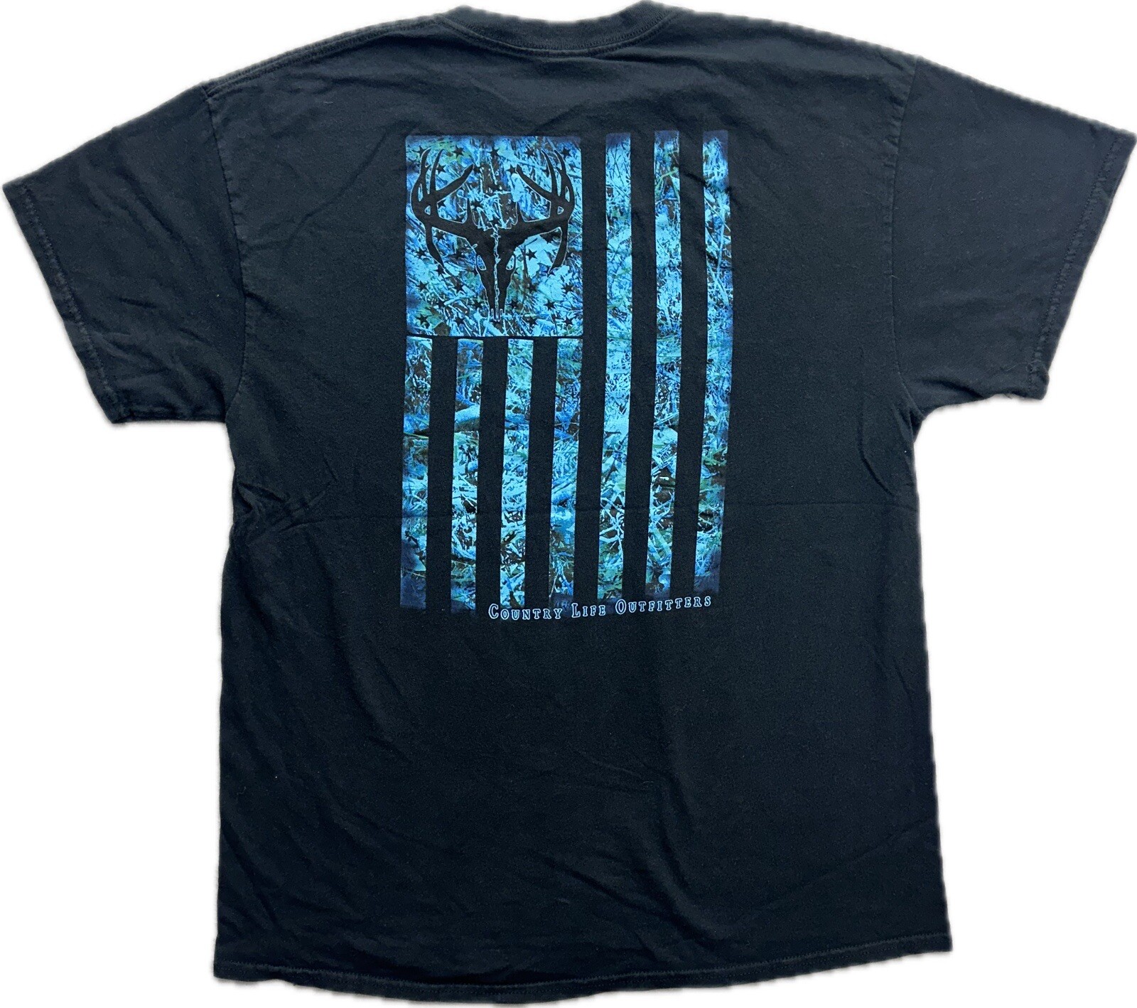 Country Life Outfitters T Shirt Black Large USA Flag Black Blue Big Buck Game