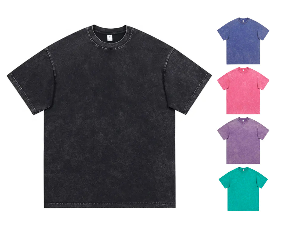 Unisex Acid Wash Faded Heavyweight O-neck Tshirt Pink Purple Blue Green