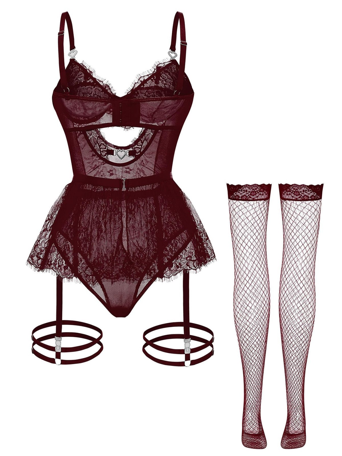 Sexy Stocking Underwire Push Up Rhinestones Heart Floral Lace Mesh Sheer Gart…