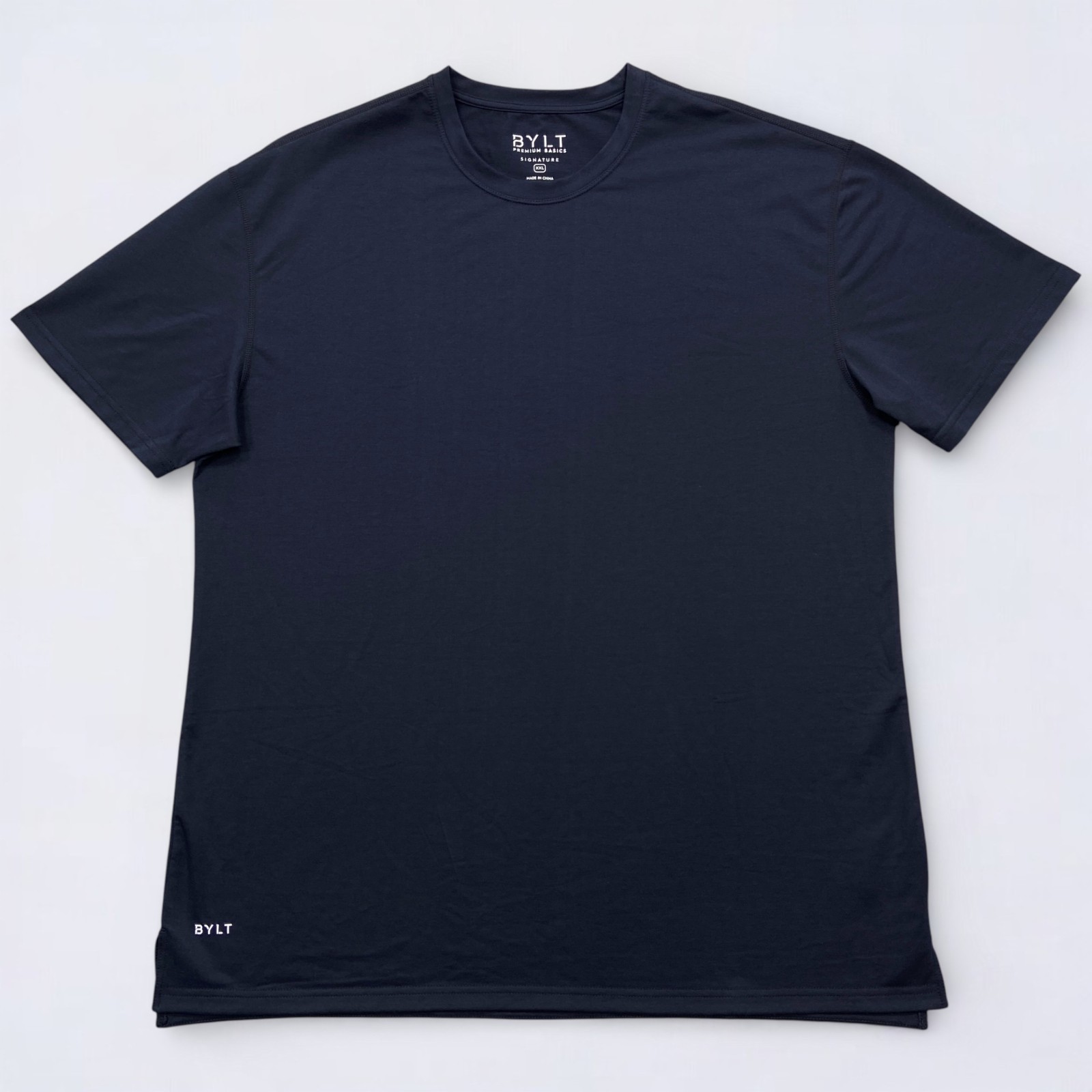 BYLT Premium Basics Shirt Mens 2XL Navy Blue Crewneck Split Hem Stretch Athletic