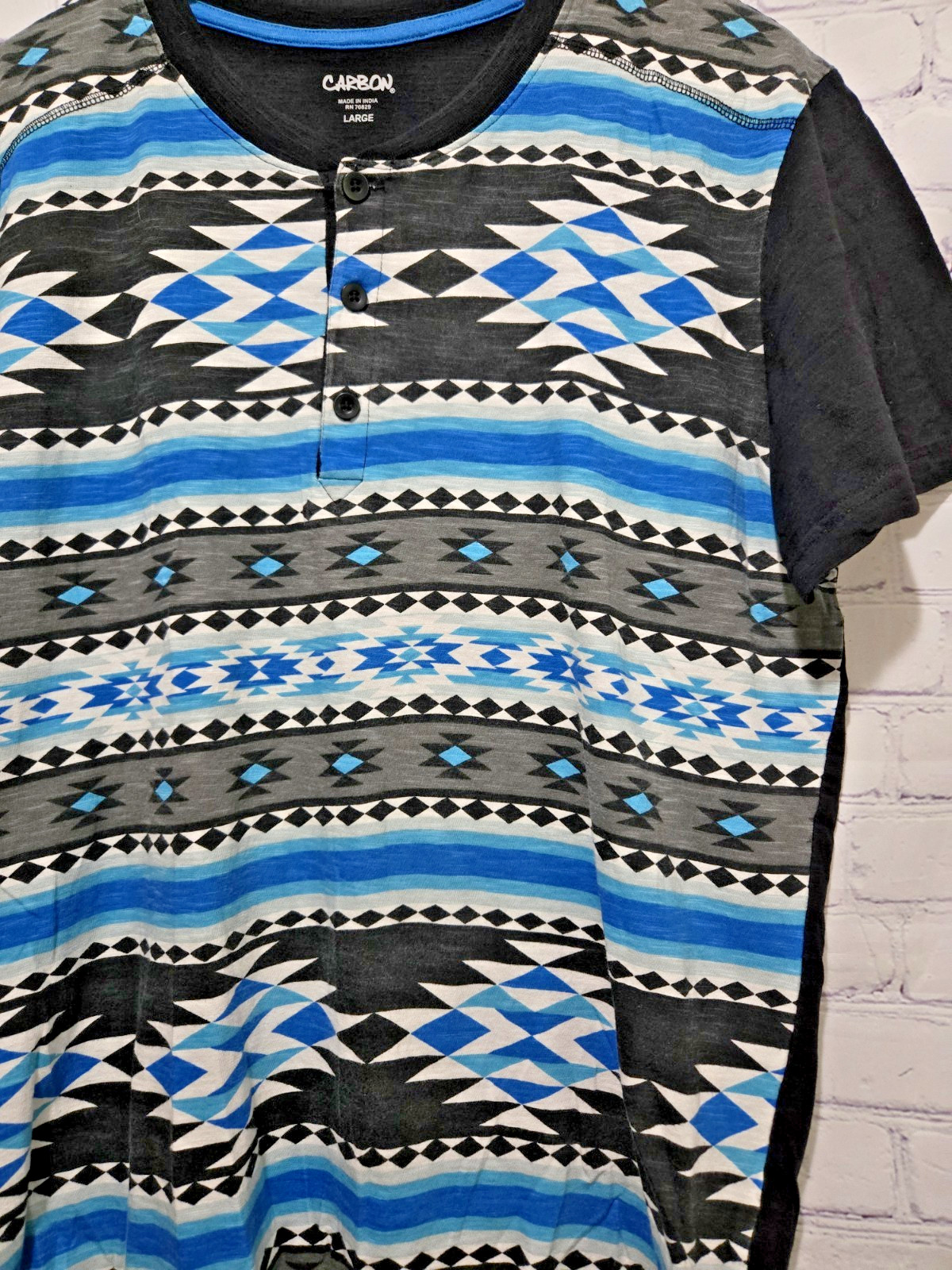 Carbon Mens Aztec Print Shirt Size L Short Sleeve Black Blue Button